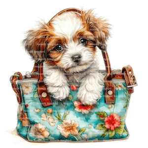 10 cliparts chiot dans un sac à main, téléchargement numérique, clipart aquarelle imprimable, créations en papier, chien mignon dans un sac, adorable chiot, journal indésirable