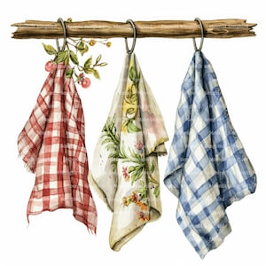 11 toalhas de chá penduradas clipart, download digital, clipart de aquarela para impressão, artesanato em papel, lindas toalhas de cozinha vintage, diário de lixo