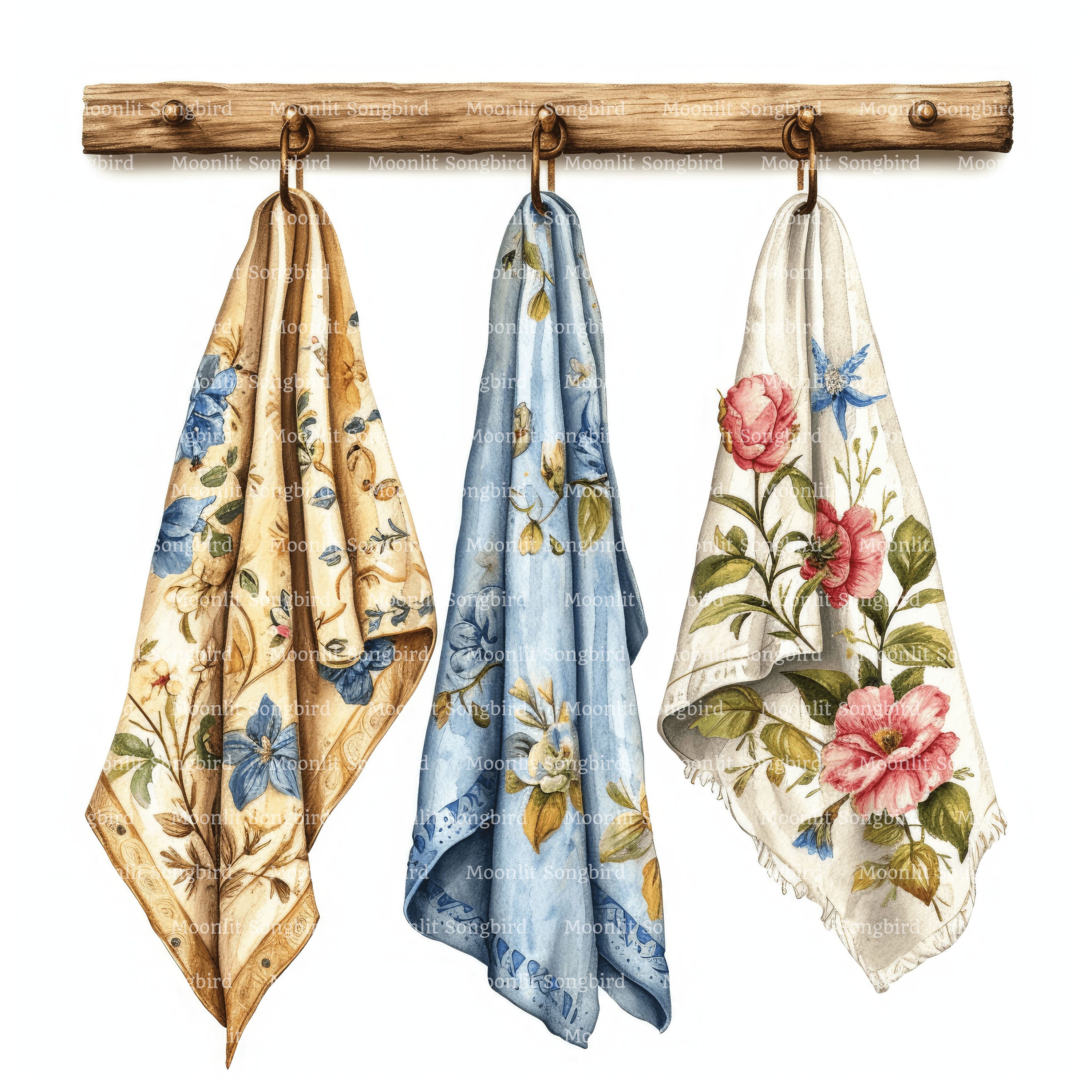 11 Hanging Tea Towels Clipart, Digital Download, Printable Watercolor