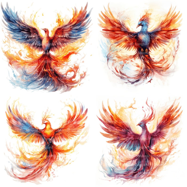 May include: Four digital paintings of phoenixes with colorful, swirling flames and smoke. The phoenixes are in various poses with their wings spread and tails flowing.