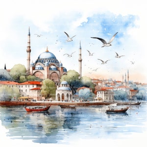 イスタンブールの風景16点のクリップアート、デジタルダウンロード、印刷可能な水彩画クリップアート、ペーパークラフト、高解像度、高品質JPG、ジャンクジャーナル