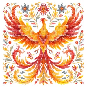 12 Clipart Phoenix d'art populaire, téléchargement numérique, clipart aquarelle imprimable, créations en papier, oiseau de feu, mythologie, flammes, JPG, journal indésirable