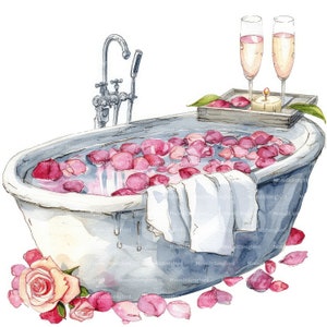 May include: A white porcelain bathtub filled with water and rose petals. A white towel is draped over the edge of the tub. Two champagne flutes with champagne are on a wooden tray with a lit candle.