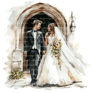10 recién casados saliendo de la iglesia clipart, novia y novio, boda, descarga digital, clipart de acuarela imprimible, artesanías de papel, diario basura