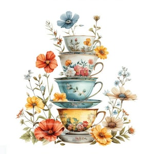 12 Clipart di una pila di tazze da tè floreali, download digitale, immagine acquerello stampabile, lavoretti di carta, tazze da tè, fiori, JPG vintage, diario spazzatura