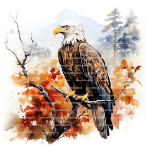 11 Eagle on a Branch in Autumn Clipart, Digital Download, Printable Watercolor Clipart, Paper Crafts, Bird, High Quality JPG, Junk Journal