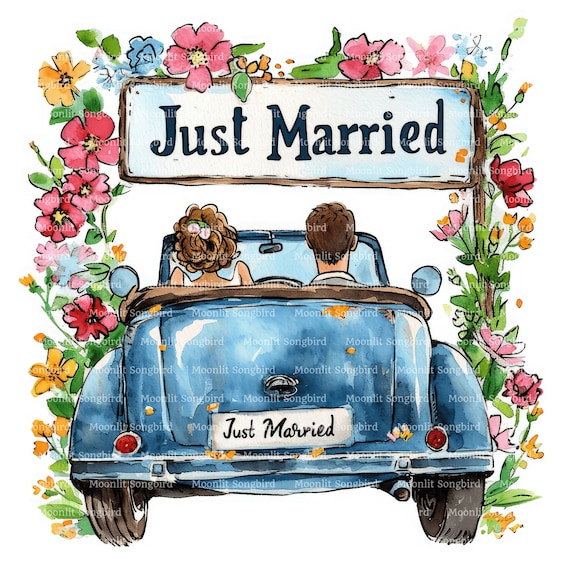 12 Just Married Car With Bride and Groom Clipart, PNG & JPG