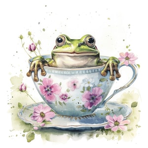 10 grenouilles dans une tasse de thé des cliparts, téléchargement numérique, clipart aquarelle imprimable, créations en papier, jolie tasse à thé florale vintage, grenouilles, journal indésirable