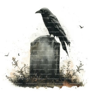 16 kraai op grafsteen clipart, digitale download, afdrukbare aquarel afbeelding, papier ambachten, kerkhof, begraafplaats, Black Bird JPG, Junk Journal