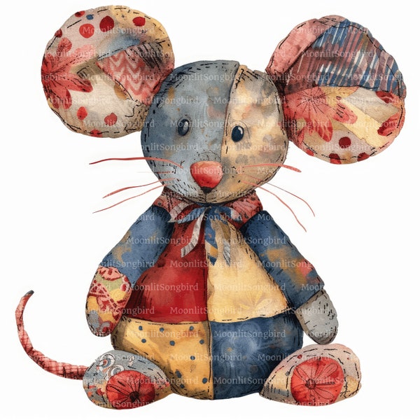 10 Patchwork Mouse Clipart, Digital Download, Printable Watercolor Clipart, Paper Crafts, Quilted Stuffed Animal, Quilt, Doll, Junk Journal