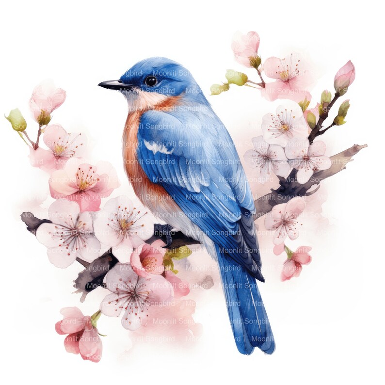 May include: A bluebird perched on a branch of a flowering tree with pink and white blossoms. The bird has a blue back and wings, a white chest, and a brown throat. The tree branches are brown and the background is white.