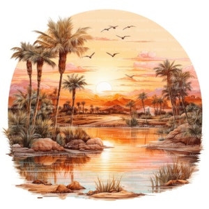 10 Desert Oasis Sunset Clipart, cyfrowe pobieranie, obrazy akwarelowe do druku, papierowe rękodzieło, wysoka rozdzielczość, wysokiej jakości JPG, Junk Journal