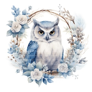 11 Schnee-Eule im blauen Kranz Clipart, digitaler Download, druckbare Aquarellfarbe, Papiermodelle, hohe Auflösung, hochwertige JPG, Junk Journal