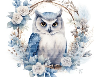 11 Snow Owl in Blue Wreath Clipart, Digital Download, Printable Watercolor, Paper Crafts, High Resolution, High Quality JPG, Junk Journal