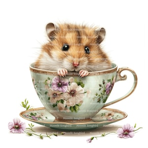 10 Criceto in tazza da tè, Clipart, Download digitale, Clipart acquerello stampabile, Artigianato di carta, Tazza da tè floreale vintage, Criceti, Diario spazzatura