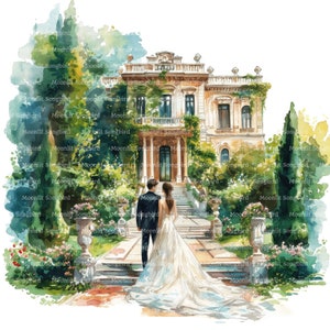 15 Hochzeit in Italien Clipart, Luxus Hochzeit, Villa und Garten, digitaler Download, druckbare Aquarell Clipart, Papierhandwerk, Junk Journal