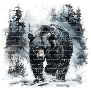 9 Clipart di un orso nero nella foresta invernale, download digitale, clipart acquerello stampabile, lavoretti di carta, orso, JPG di alta qualità, diario spazzatura