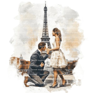 10 Heiratsantrag in Paris Clipart, digitaler Download, druckbare Aquarell Clipart, Papierhandwerk, Heiratsantrag, hochwertige JPG, Junk Journal