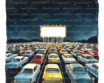 May include: A vintage illustration of a drive-in movie theater with a large blank screen and rows of classic cars facing the screen. The cars are a mix of colors, including red, blue, green, and yellow. The sky is dark blue with white stars.