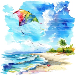 14 Clipart cerf-volant sur la plage, téléchargement numérique, carte aquarelle imprimable, travaux manuels en papier, été, plage de sable, JPG de haute qualité, journal indésirable