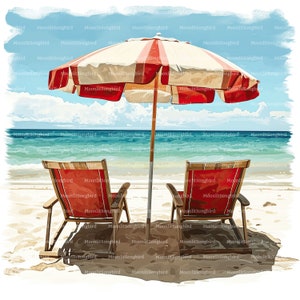 12 sedie da spiaggia e ombrellone Clipart, download digitale, acquerello stampabile, lavoretti di carta, estate, JPG di alta qualità, Junk Journal