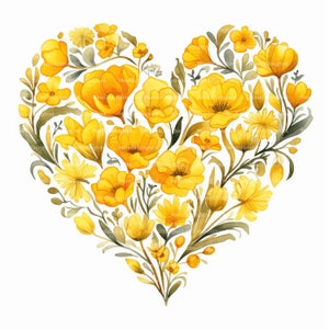 16 Clipart di cuori floreali gialli, download digitale, immagini ad acquerello stampabili, lavoretti di carta, romantici, amore, JPG di alta qualità, diario spazzatura