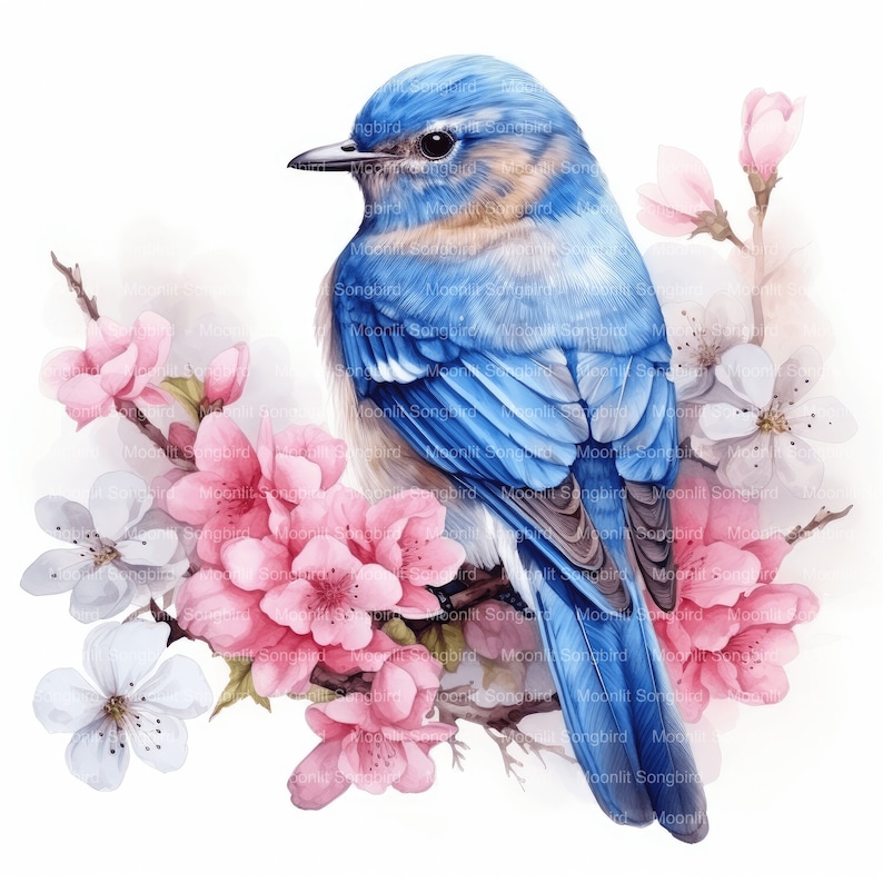 May include: A bluebird perched on a branch with pink and white blossoms. The bird has a blue body with a brown breast and a long, pointed beak. The flowers are in full bloom and have delicate petals.