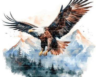 10 Eagle Soaring Above Mountains Clipart, Digital Download, Printable Watercolor, Paper Crafts, High resolution, Quality JPG, Junk Journal
