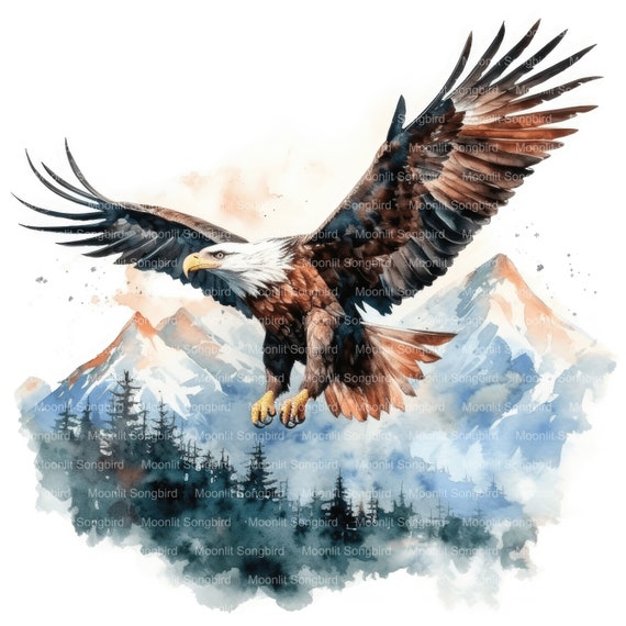 山の上を舞う鷲のクリップアート10枚、デジタルダウンロード、印刷可能