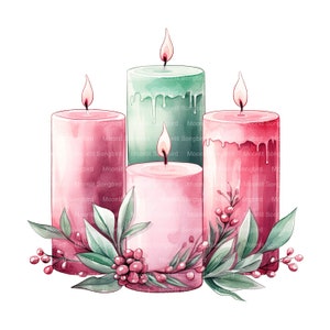 10 róż en groene kaarsen clipart, Digitale Download, afdrukbare aquarel, papier ambachten, hoge resolutie, hoge kwaliteit JPG, dziennik śmieci