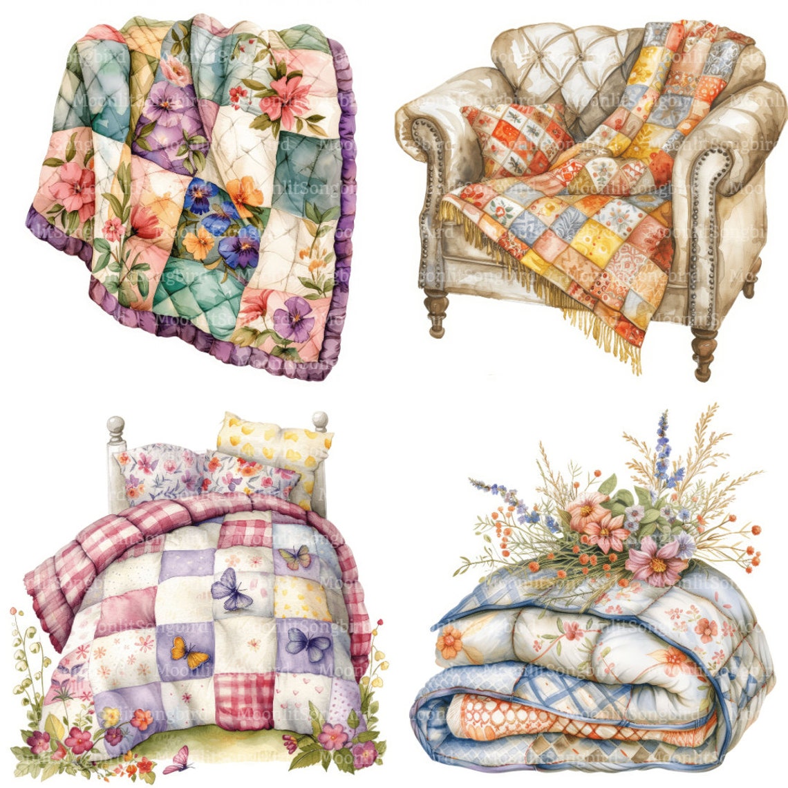 14 Quilted Blanket Scenes, Patchwork Clipart, Digital Download ...