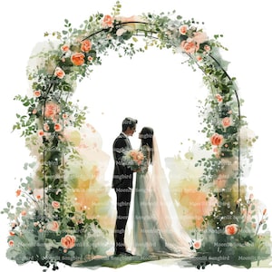 14 Noiva e noivo sob arco de casamento clipart, download digital, clipart de arco de casamento para impressão, arco de rosas fofo, casamento romântico, PNG e JPG