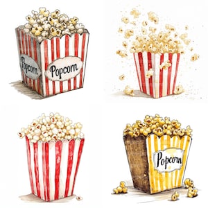 12 Clipart di popcorn, download digitale, clipart acquerello stampabile, lavoretti di carta, scatola a strisce bianche e rosse vintage, film, cinema, diario spazzatura