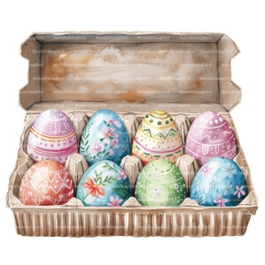 14 huevos de Pascua en una caja de cartón para huevos, descarga digital, clipart de acuarela imprimible, manualidades de papel, JPG de alta calidad, diario basura