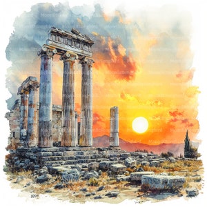 16 ruines grecques au coucher du soleil Clipart, téléchargement numérique, clipart aquarelle imprimable, créations en papier, monde classique, ancien, JPG, journal indésirable