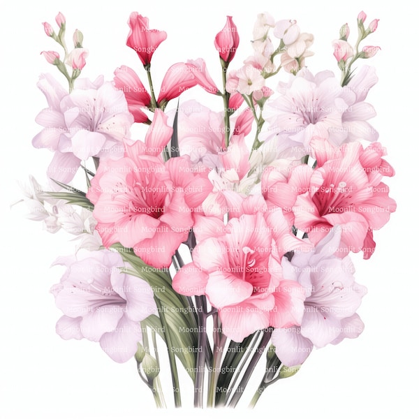 16 Pink Gladiolus Flowers Clipart, Digital Download, Printable Watercolor Clipart, Paper Crafts, Flower Bouquet, Quality JPG, Junk Journal