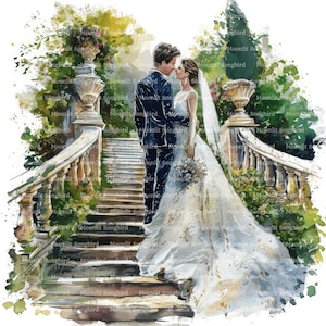 12 Sposa e sposo sulle scale Clipart, Download digitale, Clipart acquerello stampabile, Mestieri di carta, Matrimonio all'aperto, Diario spazzatura romantico