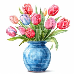 10 tulipanes en jarrón, descarga digital, clipart de acuarela imprimible, manualidades de papel, flores de primavera, JPG de alta calidad, diario basura