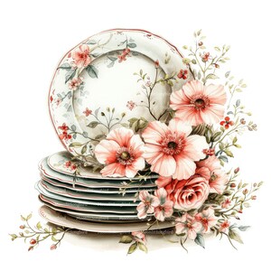 Può includere: Un set di piatti in stile vintage con un design floreale, decorati con fiori rosa e bianchi. I piatti sono impilati uno sopra l'altro, con il piatto superiore che è il più grande. I piatti sono circondati da fiori rosa e bianchi.