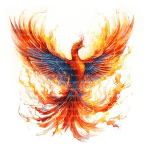May include: A fiery orange and blue phoenix bird with its wings spread wide, rising from a burst of flames. The bird is depicted in a watercolor style, with soft, blended colors and a delicate, ethereal quality.