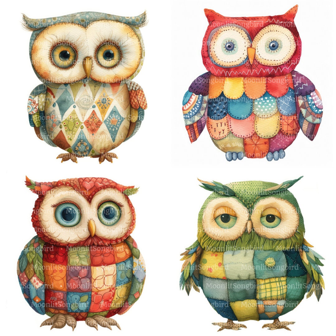 パッチワークのフクロウのクリップアート16点（画像のみ！）デジタル