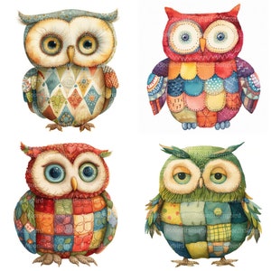 16 Clipart di gufi patchwork (solo immagini!) Download digitale, Clipart acquerello stampabile, lavoretti di carta, gufi trapuntati, gufo carino, diario spazzatura