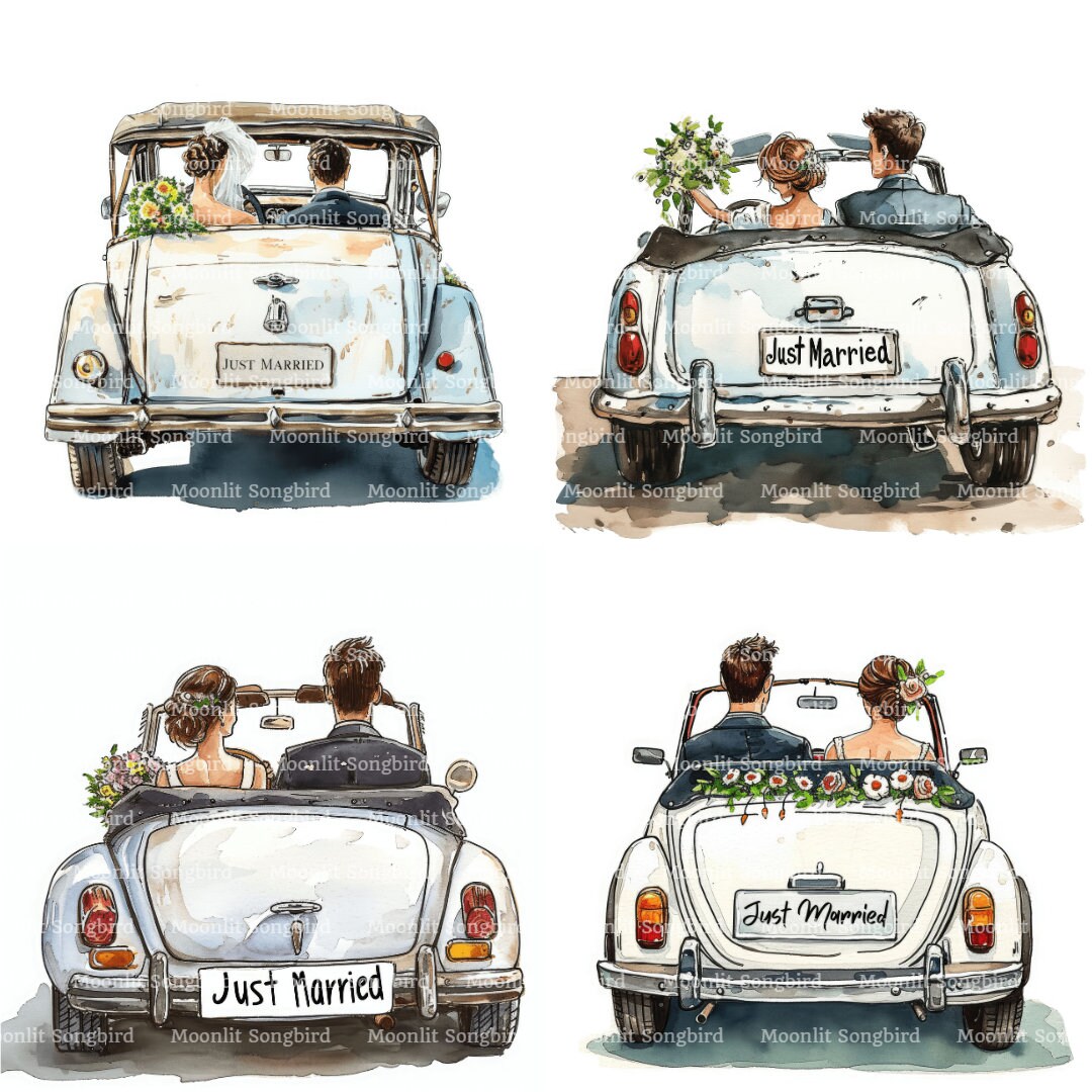 12 Just Married Car With Bride and Groom Clipart, Digital Download, Printable Watercolor Clipart ...