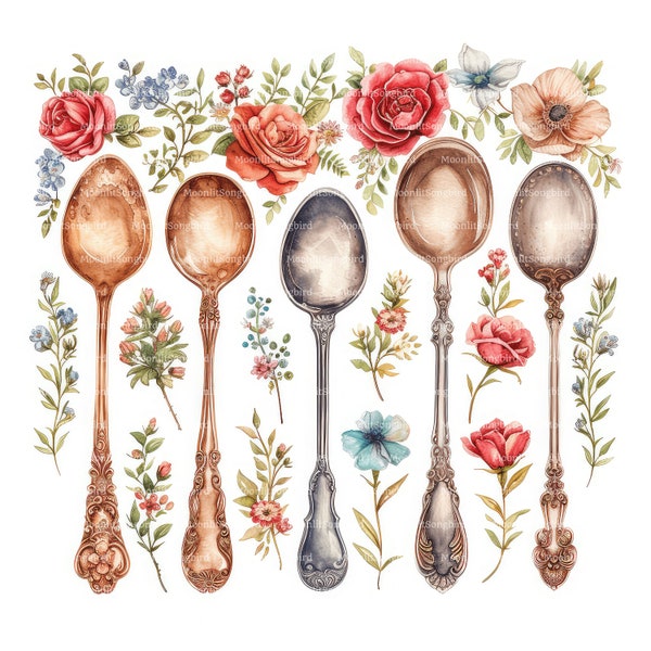 10 Vintage Spoons and Flowers Clipart, Digital Download, Printable Watercolor, Paper Crafts, Romantic, Floral, Beautiful JPG, Junk Journal