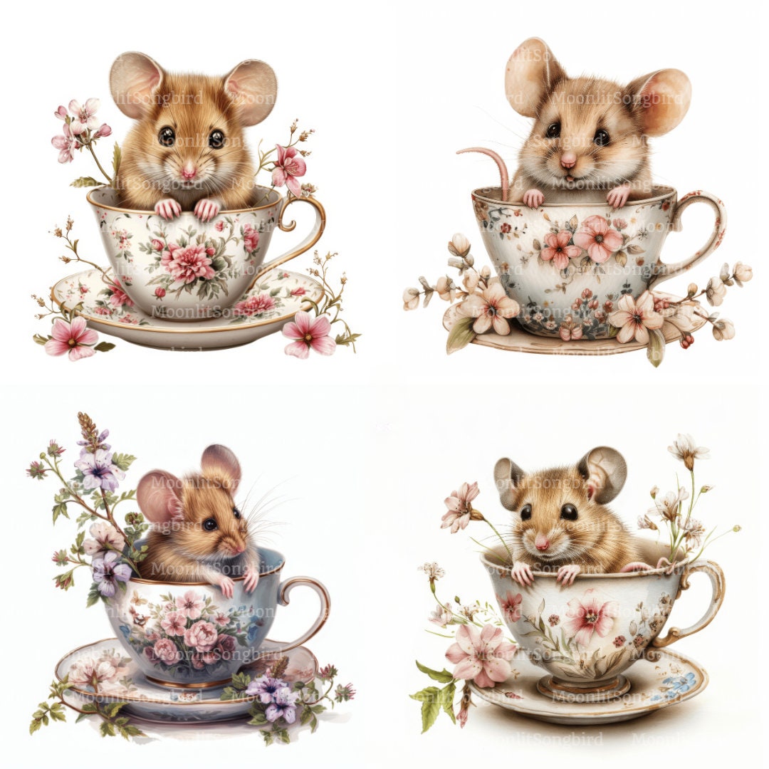 Mouse In Teacup 12 Mouse in Teacup Clipart, Digital Download, Printable Watercolor ...