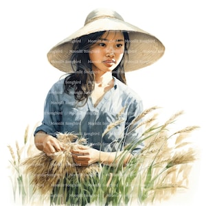 15 Clipart di donna in campo di riso, download digitale, clipart di acquerello stampabile, lavoretti di carta, campo di riso, JPG di alta qualità, diario spazzatura