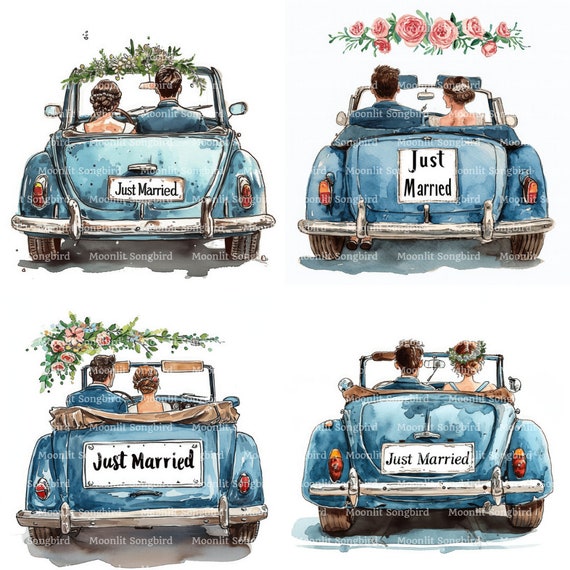 14 Just Married Car Clipart, Bride and Groom, Wedding Day, Love