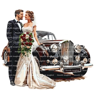 12 Vintage Braut und Bräutigam mit Oldtimer Clipart, digitaler Download, druckbare Aquarell, Papiermodelle, romantische Hochzeit, Junk Journal