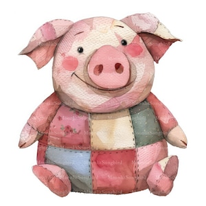 Könnte beinhalten: Ein rosa Patchwork-Schwein mit einem lächelnden Gesicht. Das Schwein ist aus verschiedenen Stoffen in Rosatönen, Rot, Blau und Grün gefertigt. Das Schwein sitzt auf einem weißen Hintergrund.