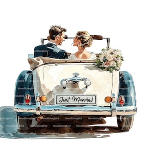 10 Just Married Car Clipart, digitaler Download, druckbare Aquarellfarbe, Papiermodelle, Hochzeitstag, Romantisch, Liebe, Qualität JPG, Junk Journal